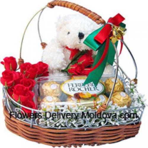 Cute Roses with Cute Teddy and Chocolates