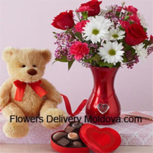 Roses and Gerberas with Cute Teddy and Chocolates