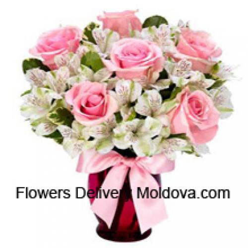 Beautiful Pink Roses and White Alstroemeria