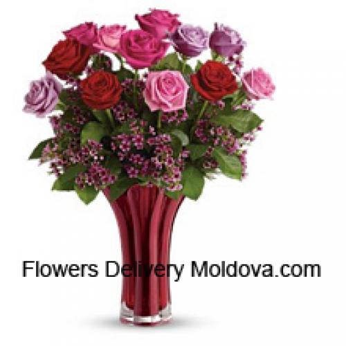 11 Assorted Roses in Vase