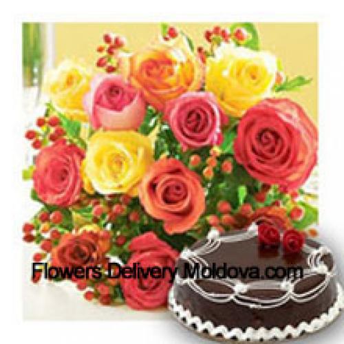 11 Mixed Roses with Yummy Chocolate Cake