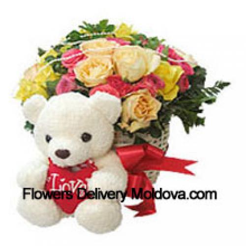 25 Mixed Roses with Teddy