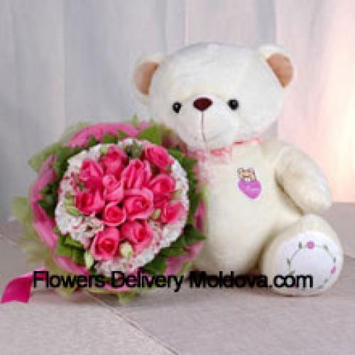 11 Pink Roses with Sweet Lovely Teddy