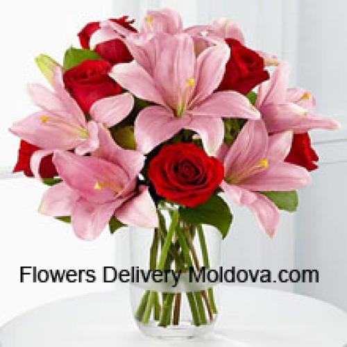 Pink Lilies and Cute Red Roses