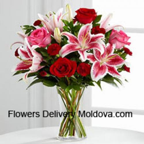 Roses with Pink Lilies in Vase