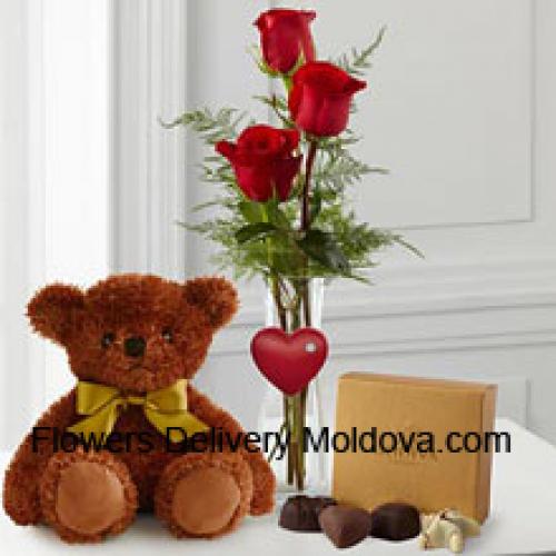 3 Red Roses with Teddy and Chocolates