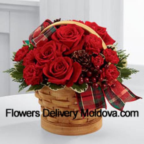 Wooden Basket of Roses and Carnations with Assorted Flowers